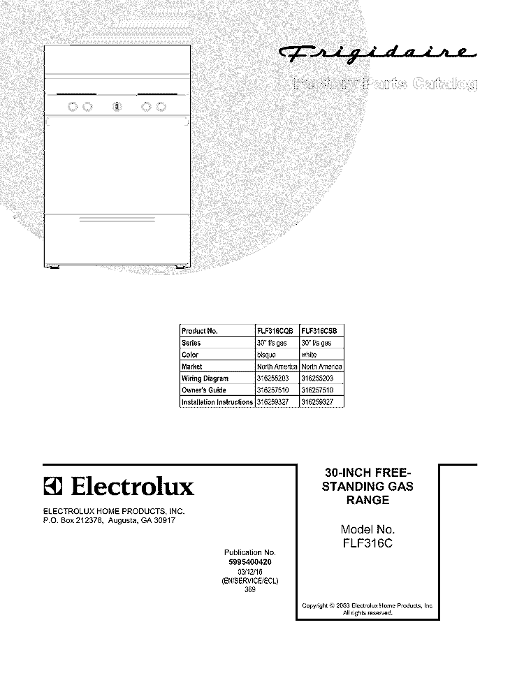 COVER Diagram and Parts List for FLF316CQB  Frigidaire Range