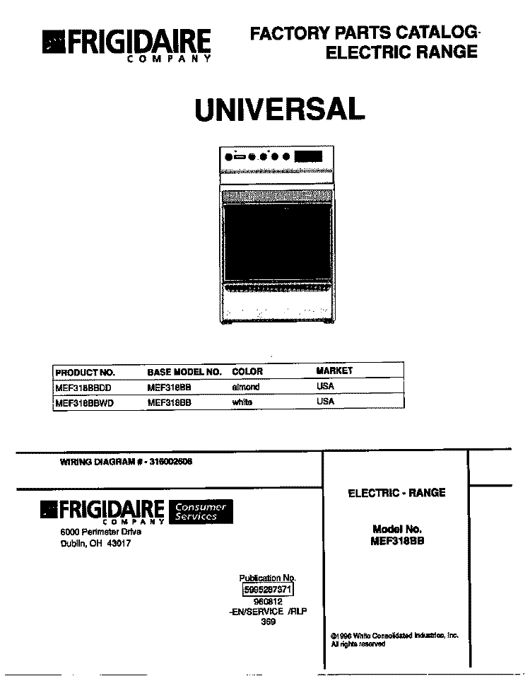 COVER Diagram and Parts List for MEF318BBWD  Frigidaire Range