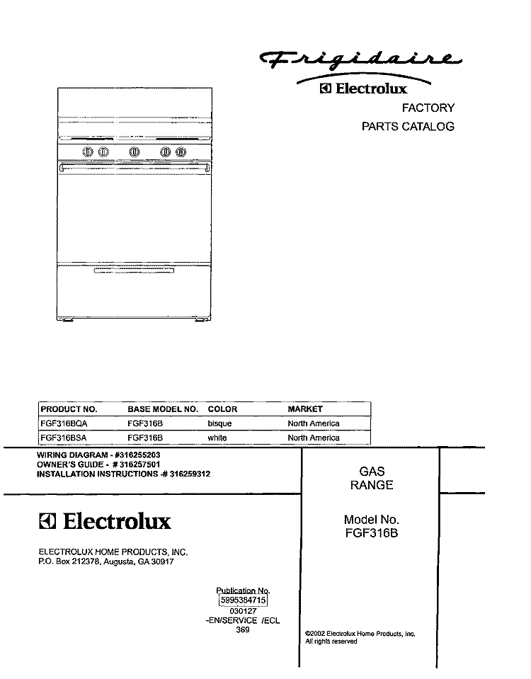 COVER Diagram and Parts List for FGF316BSA  Frigidaire Range