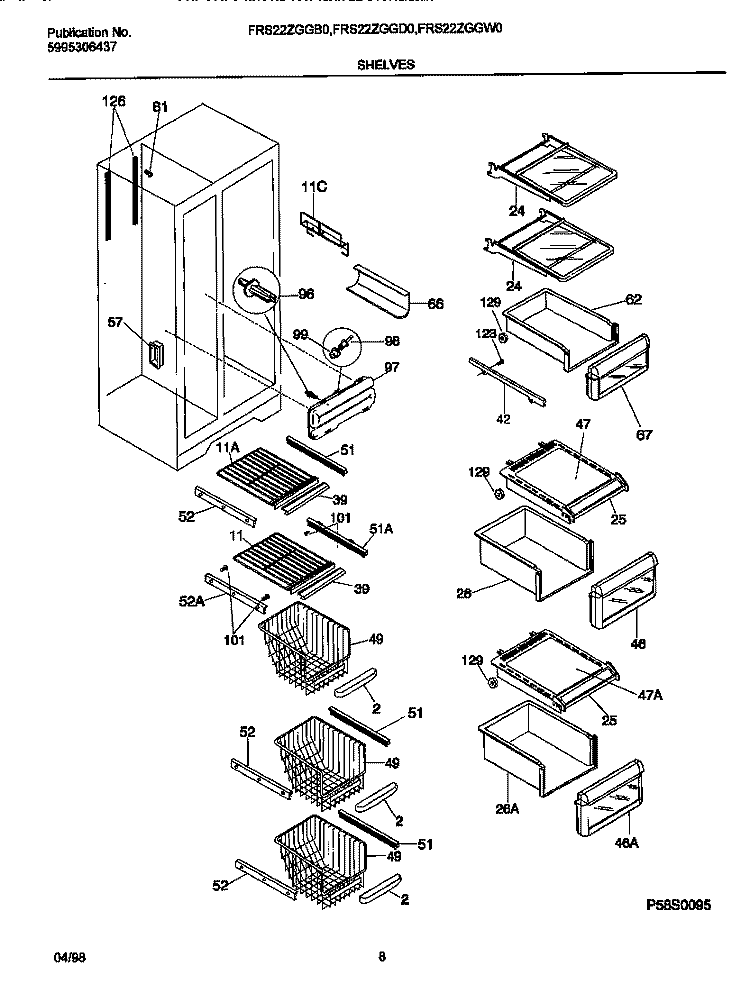 SHELVES Diagram and Parts List for FRS22ZGGD0  Frigidaire Refrigerator