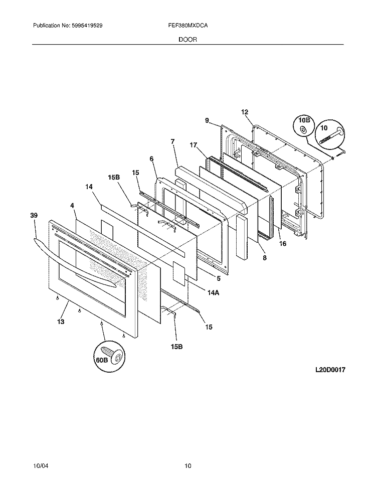 DOOR Diagram and Parts List for FEF380MXDCA  Frigidaire Range