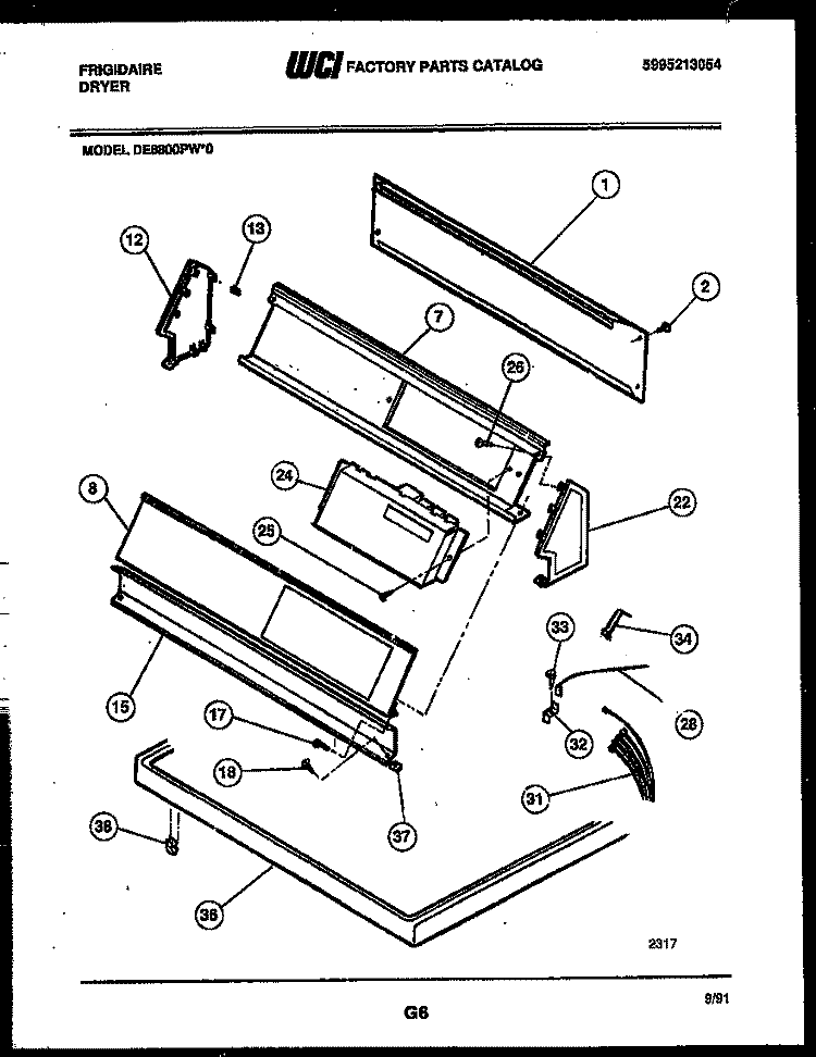 CONSOLE AND CONTROL PARTS Diagram and Parts List for DE8800PW0  Frigidaire Dryer