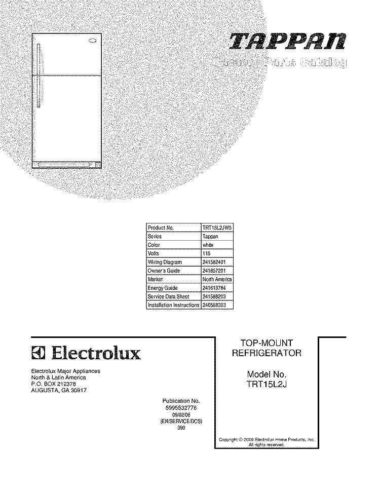 COVER Diagram and Parts List for TRT15L2JW5  Tappan Refrigerator