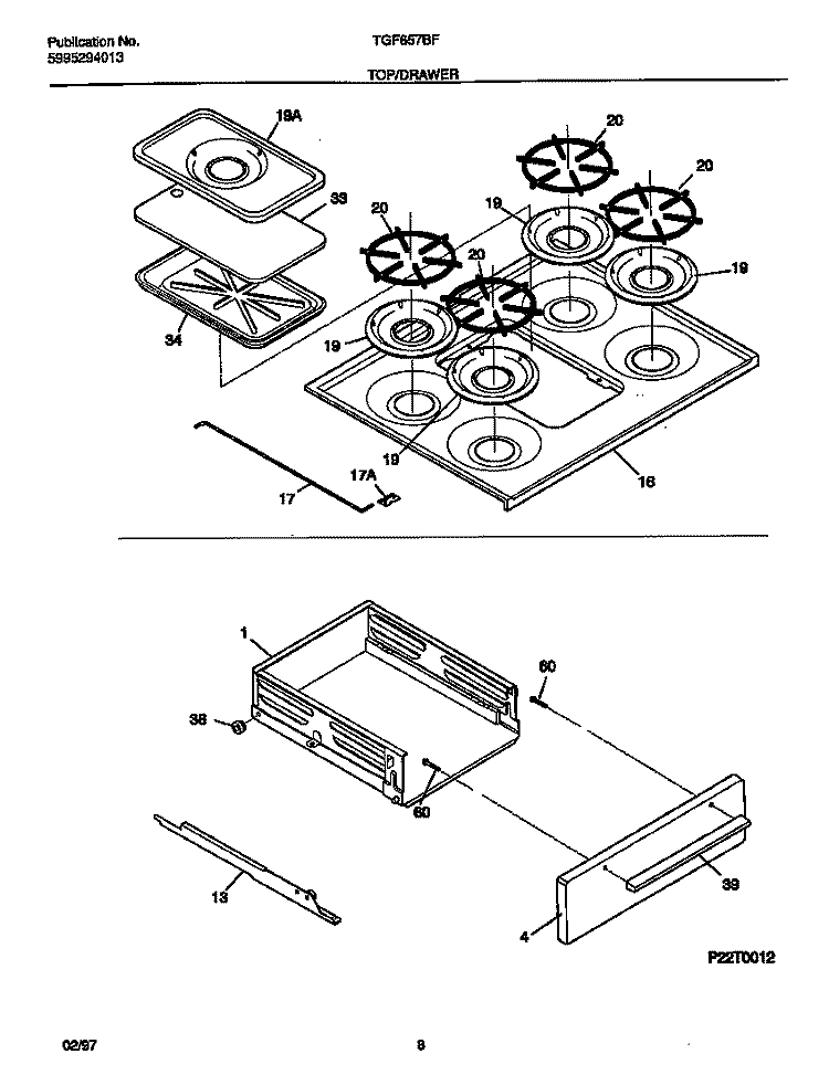 TOP / DRAWER Diagram and Parts List for TGF657BFB1  Tappan Range