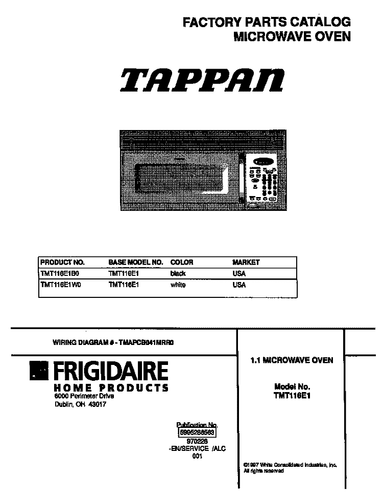COVER Diagram and Parts List for TMT116E1W0  Tappan Microwave