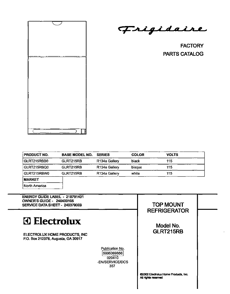 COVER Diagram and Parts List for GLRT215RBW0  Frigidaire Refrigerator