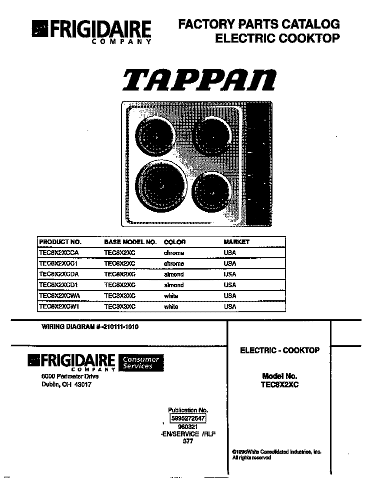COVER Diagram and Parts List for TEC8X2XCDA  Tappan Cooktop
