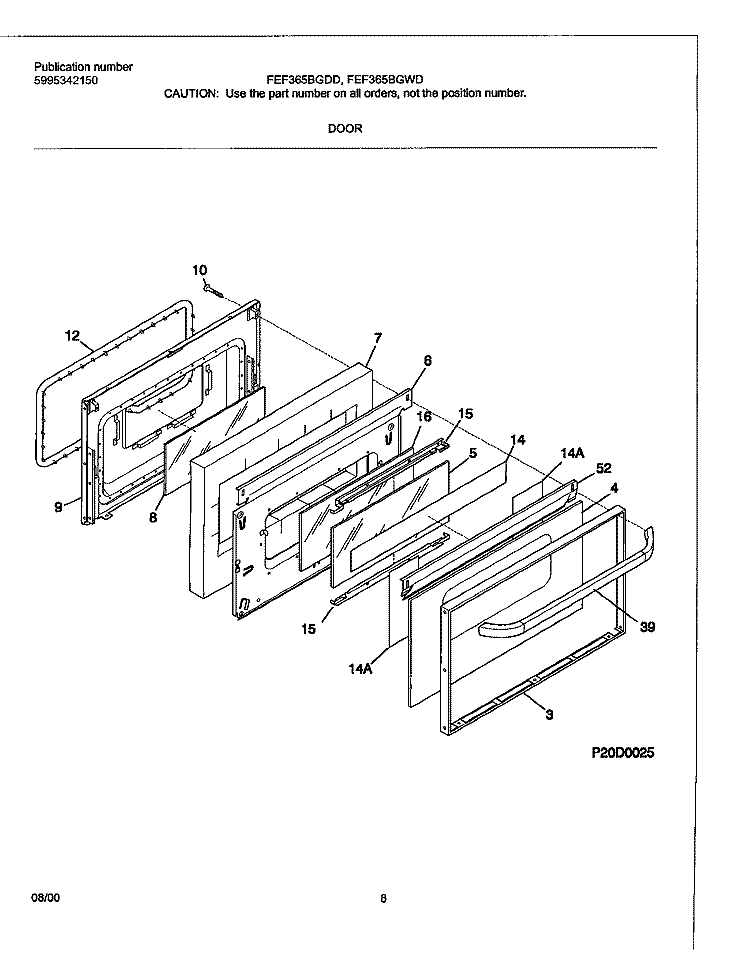 DOOR Diagram and Parts List for FEF365BGWD  Frigidaire Range