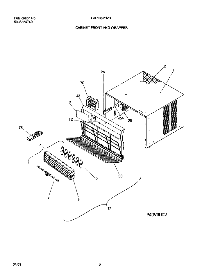CABINET FRONT AND WRAPPER Diagram and Parts List for FAL135M1A1  Frigidaire Air Conditioner