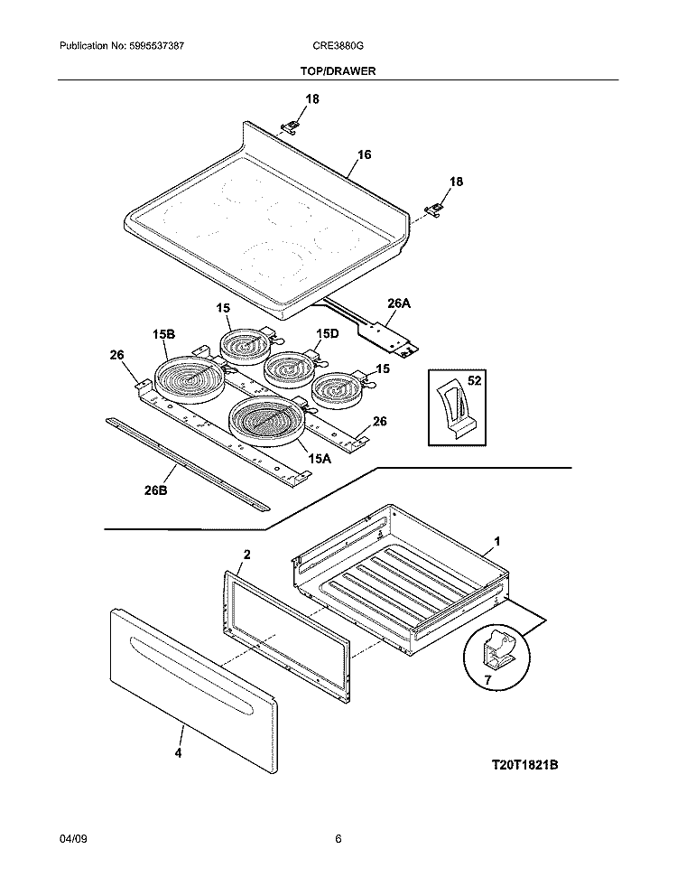 TOP/DRAWER Diagram and Parts List for CRE3880GQQC  Crosley Range