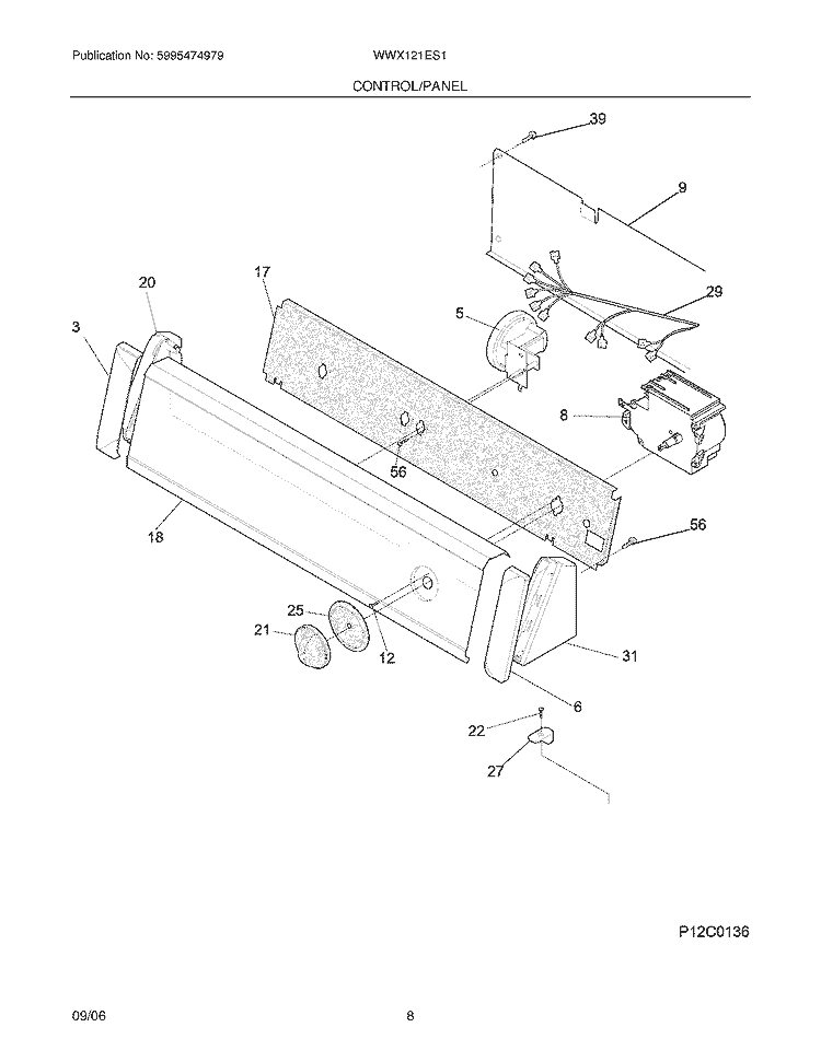 CONTROL / PANEL Diagram and Parts List for WWX121ES1  Westinghouse Washer