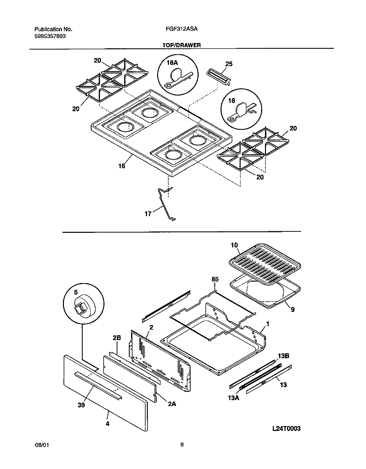 TOP / DRAWER Diagram and Parts List for FGF312ASA  Frigidaire Range