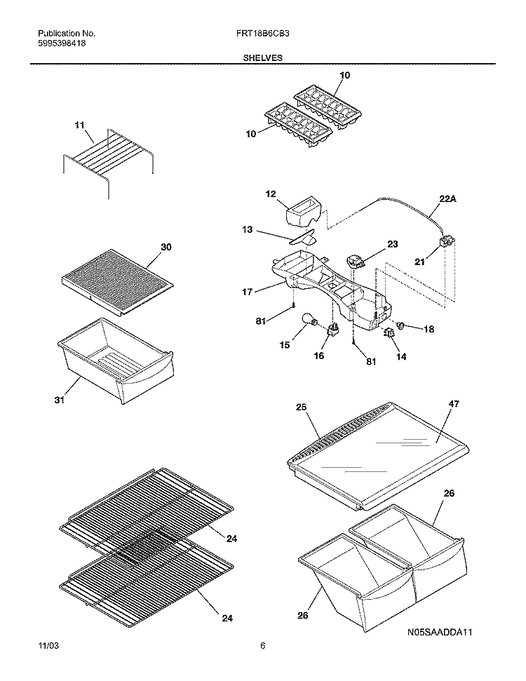 SHELVES Diagram and Parts List for FRT18B6CB3  Frigidaire Refrigerator