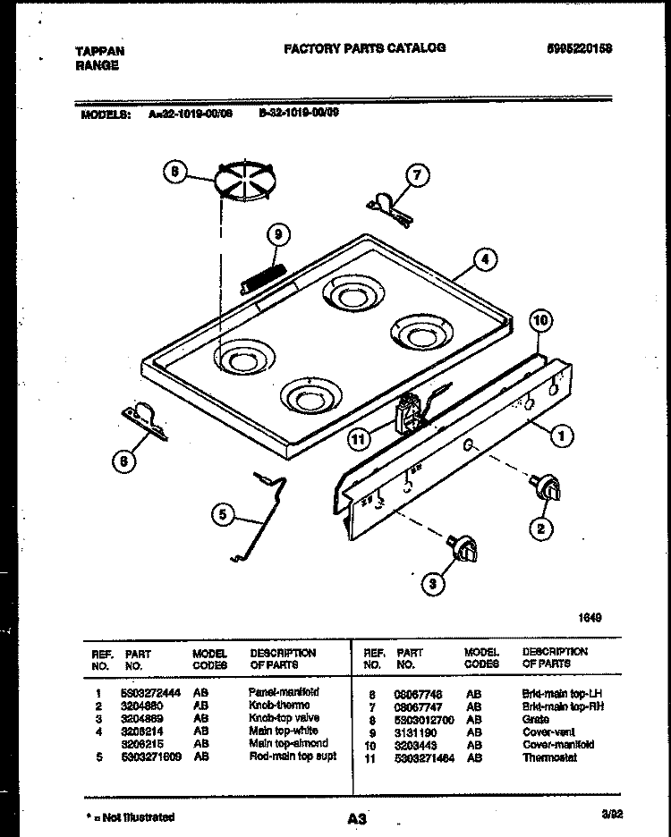 COOKTOP PARTS Diagram and Parts List for 32-1019-00-08  Tappan Range