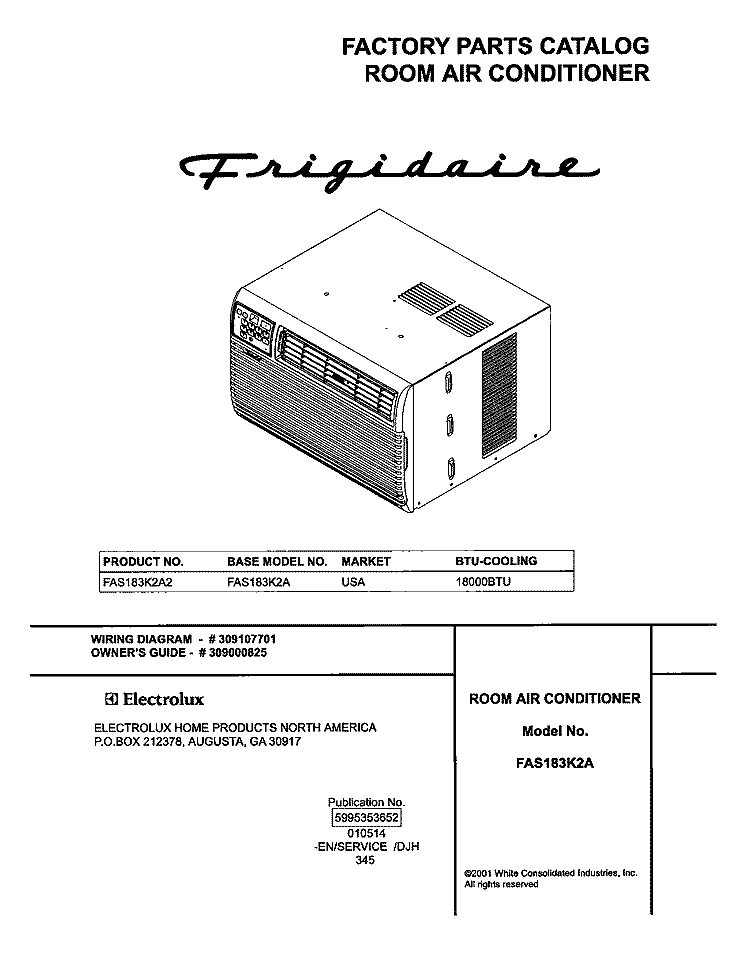 COVER Diagram and Parts List for FAS183K2A2  Frigidaire Air Conditioner
