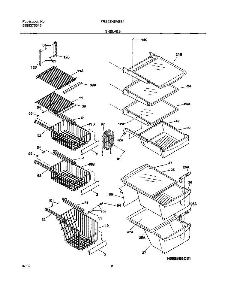 SHELVES Diagram and Parts List for FRS23H5ASB4  Frigidaire Refrigerator