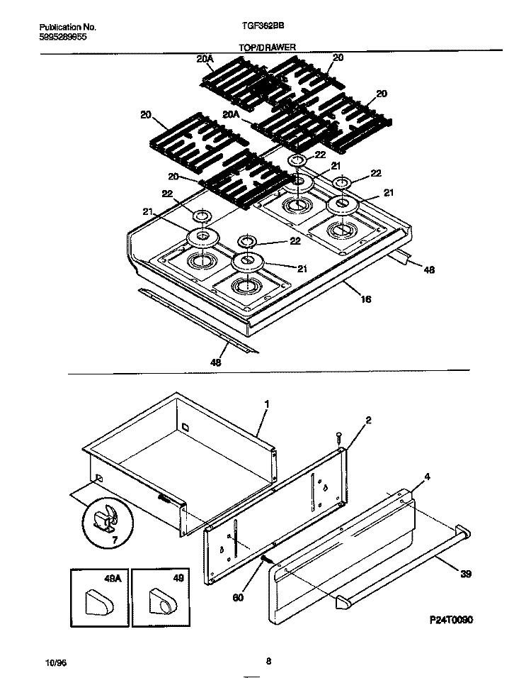 TOP / DRAWER Diagram and Parts List for TGF362BBBE  Tappan Range