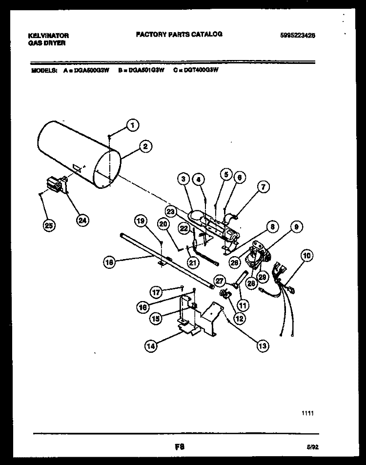 BURNER, IGNITER AND VALVE Diagram and Parts List for DGA500G3D  Kelvinator Dryer