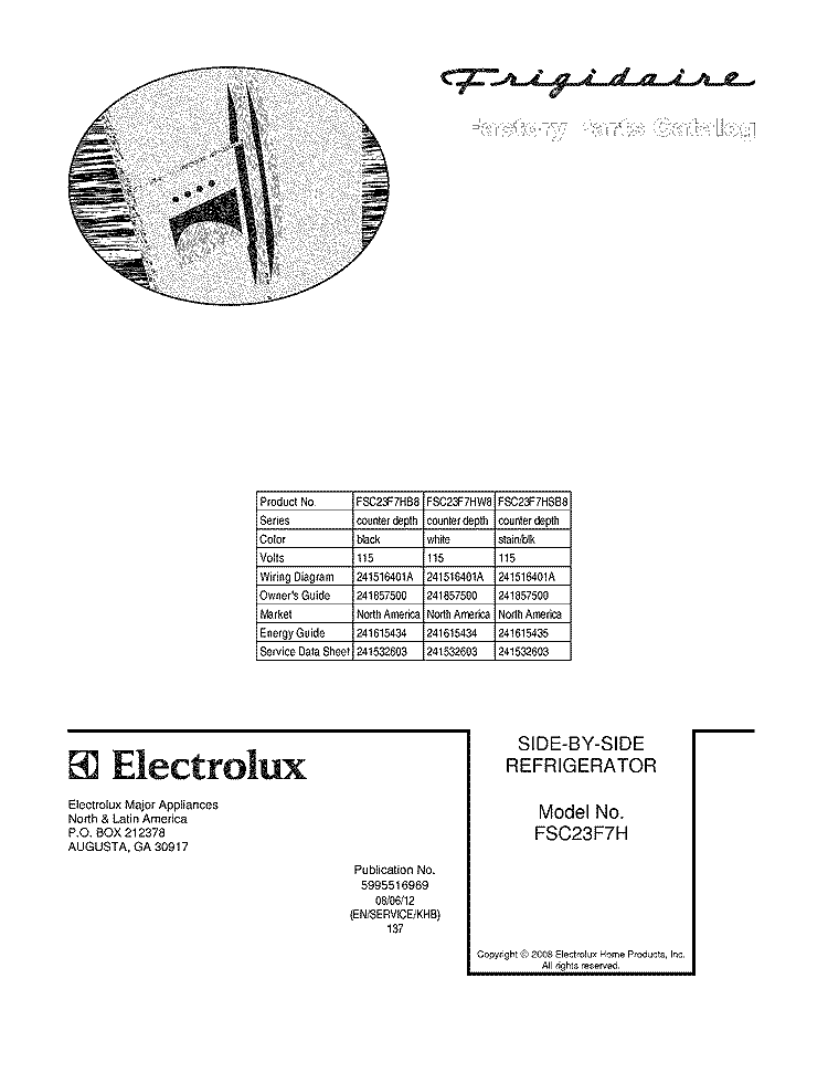 COVER Diagram and Parts List for FSC23F7HB8  Frigidaire Refrigerator