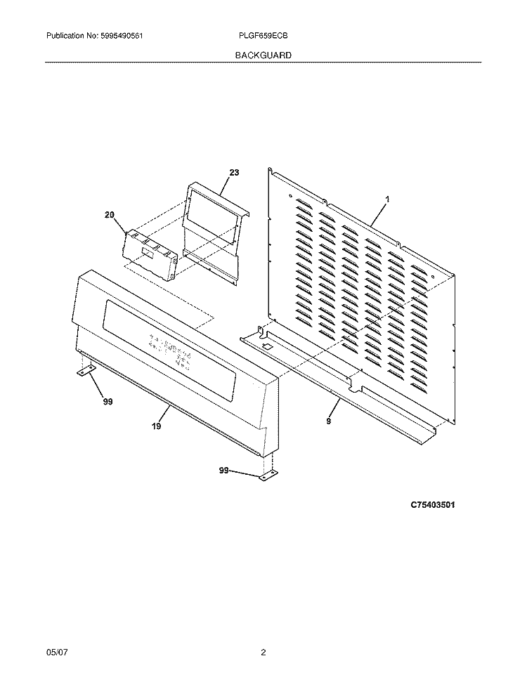 BACKGUARD Diagram and Parts List for PLGF659ECB  Frigidaire Range