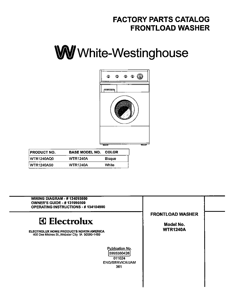 COVER Diagram and Parts List for WTR1240AS0  Westinghouse Washer