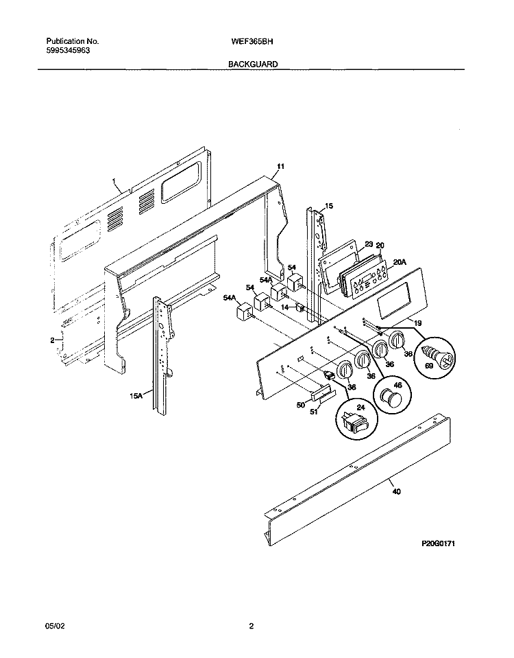 BACKGUARD Diagram and Parts List for WEF365BHDA  Westinghouse Range