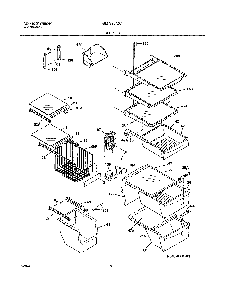 SHELVES Diagram and Parts List for GLHS237ZCQ1  Frigidaire Refrigerator