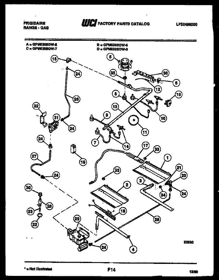 BURNER, MANIFOLD AND GAS CONTROL Diagram and Parts List for GPM638BDL8  Frigidaire Range