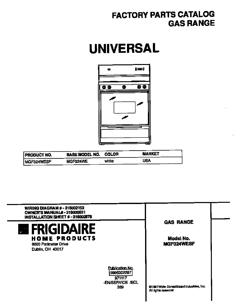 COVER Diagram and Parts List for MGF324WESF  Frigidaire Range