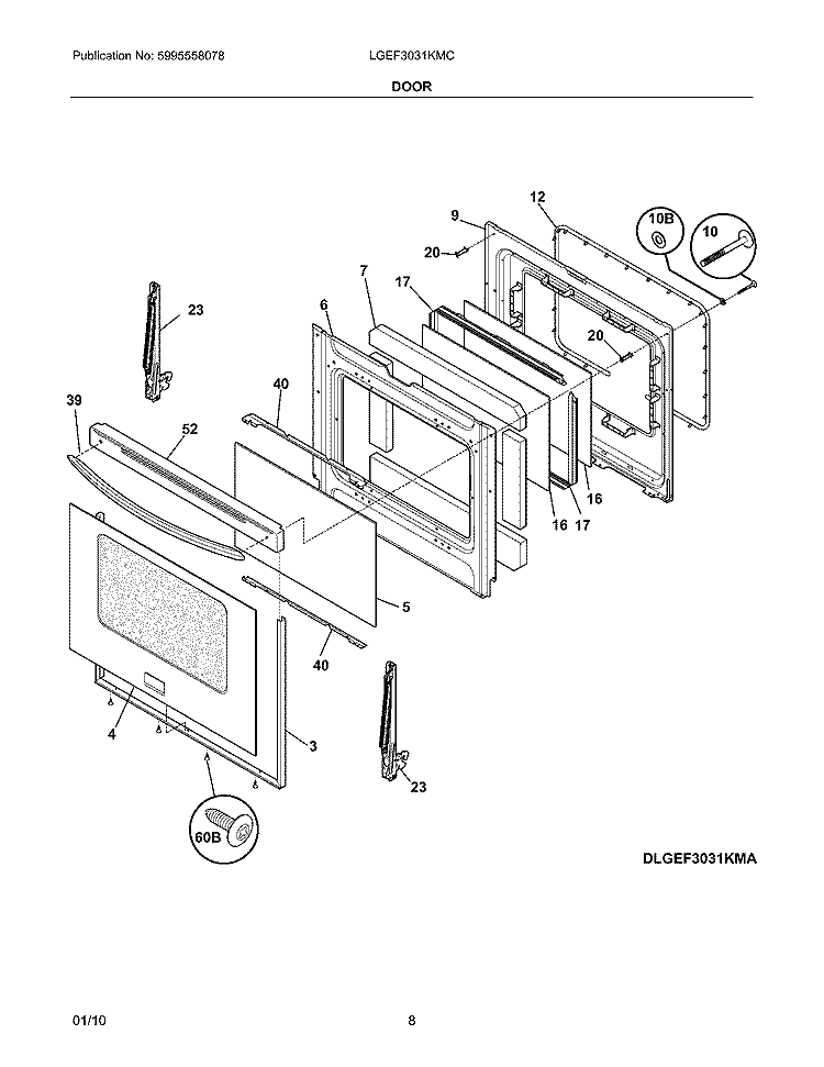 DOOR Diagram and Parts List for LGEF3031KMC  Frigidaire Range