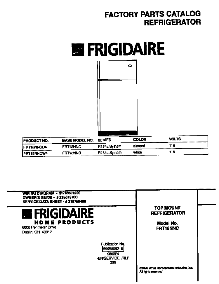 COVER Diagram and Parts List for FRT18NNCD4  Frigidaire Refrigerator