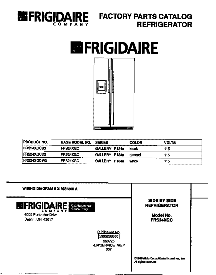 COVER Diagram and Parts List for FRS24XGCB3  Frigidaire Refrigerator