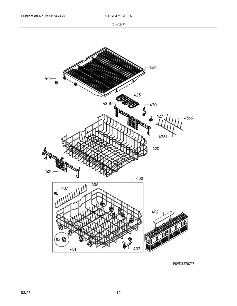 Racks Diagram and Parts List for GDSP471TAF0A  Frigidaire Dishwasher