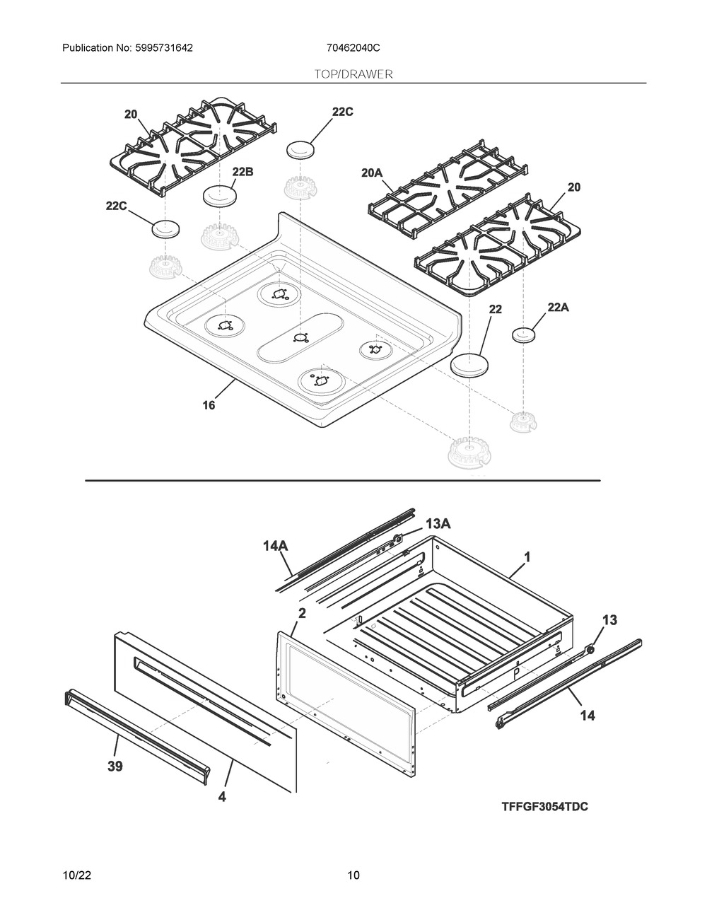Top/Drawer Diagram and Parts List for 70462040C  Frigidaire Range