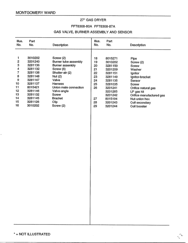 Gas Valve/burner Assembly And Sensor Page 2 Diagram and Parts List for 8308A  Frigidaire Dryer