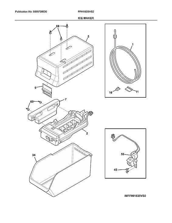 Ice Maker Diagram and Parts List for FFHI1835VS2  Electrolux Refrigerator