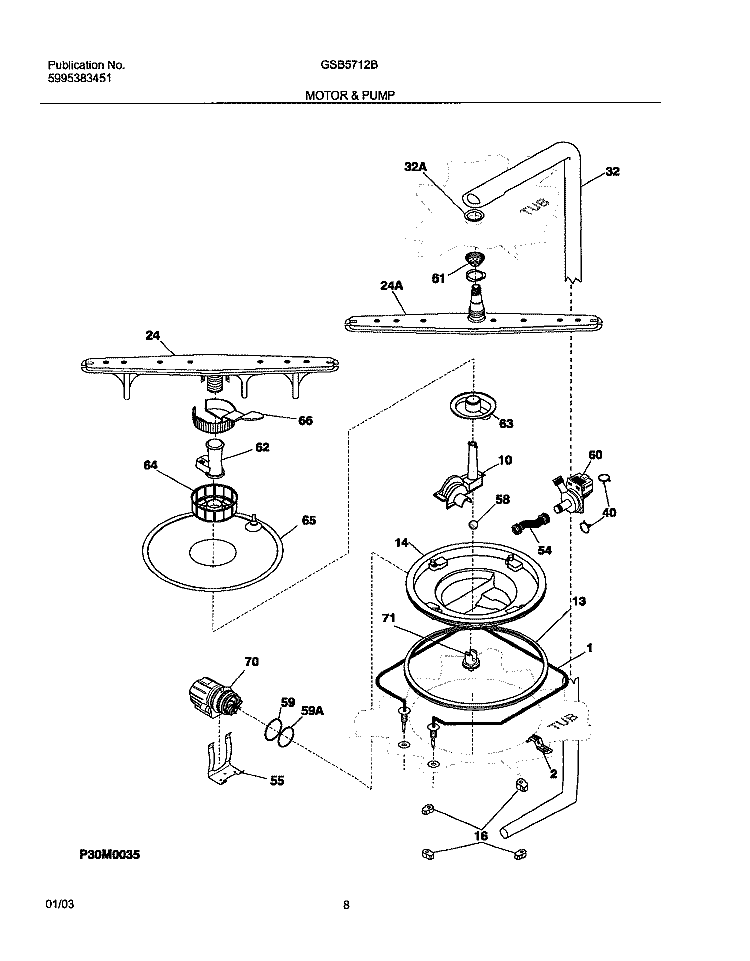MOTOR & PUMP Diagram and Parts List for GSB5712BC1  Frigidaire Dishwasher