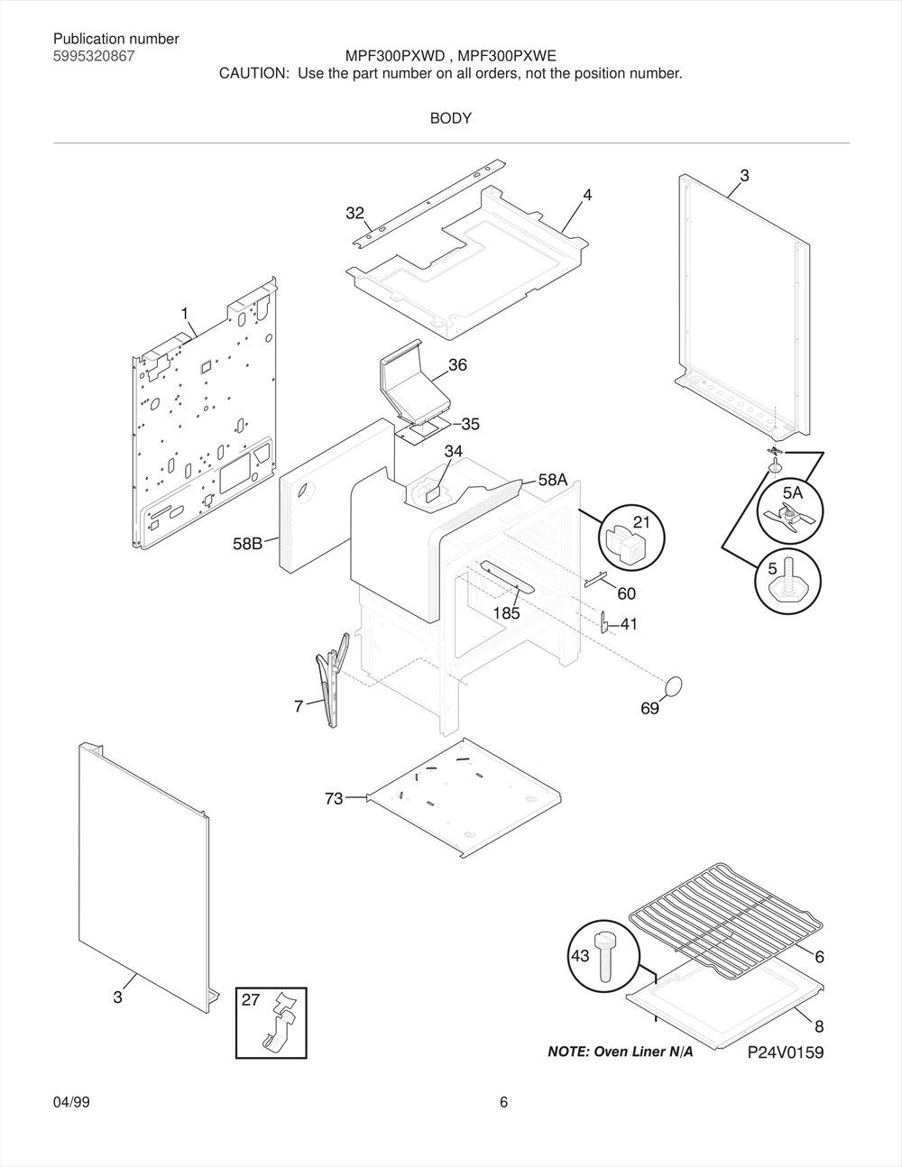 Body 1 Diagram and Parts List for MPF300PXWD  Frigidaire Range
