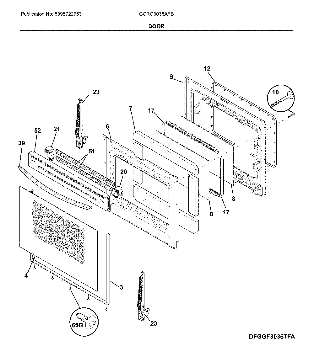 Door Diagram and Parts List for GCRG3038AFB  Frigidaire Range