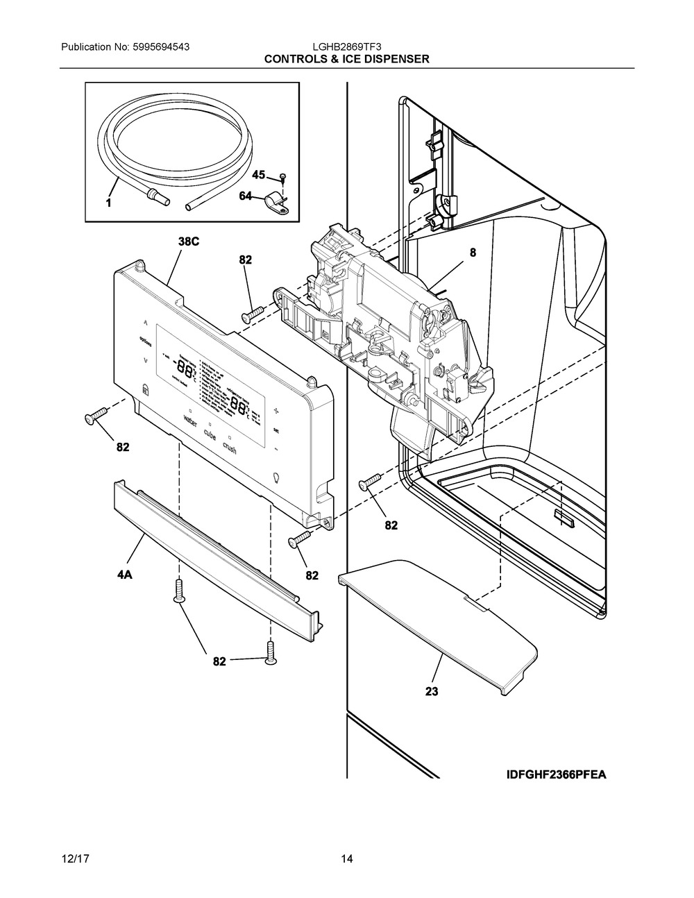 Controls & Ice Dispenser Diagram and Parts List for LGHB2869TF3  Frigidaire Refrigerator
