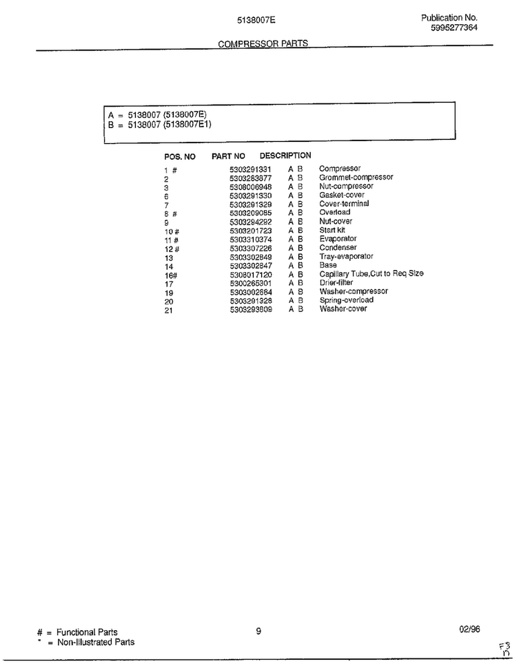 Compressor Parts Page 2 Diagram and Parts List for 5138007E  Frigidaire Air Conditioner