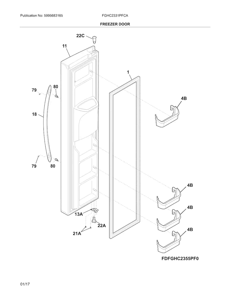 Freezer Door Diagram and Parts List for FGHC2331PFCA  Frigidaire Refrigerator