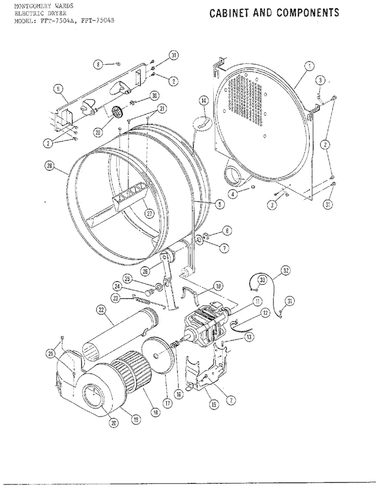 Drum Components/blower Diagram and Parts List for 7504A  Frigidaire Dryer