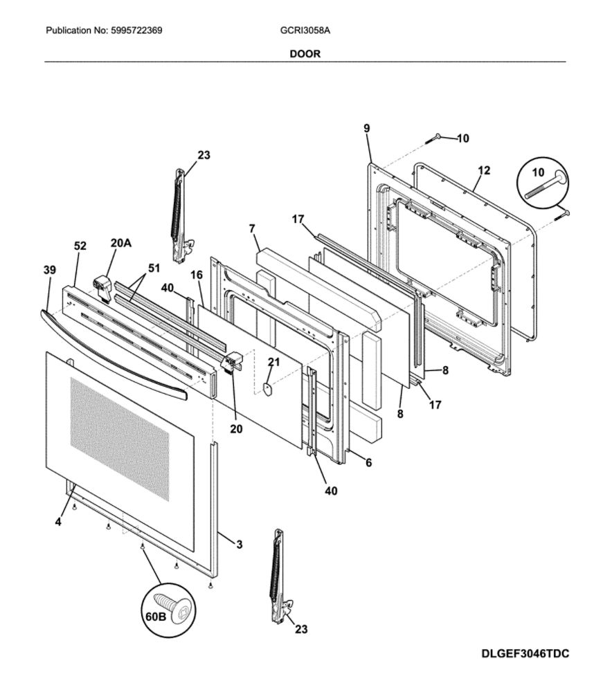 Door Diagram and Parts List for GCRI3058AFB  Frigidaire Range
