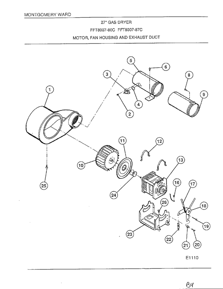 Motor/fan Housing/exhaust Duct Diagram and Parts List for 8007-80C  Frigidaire Dryer