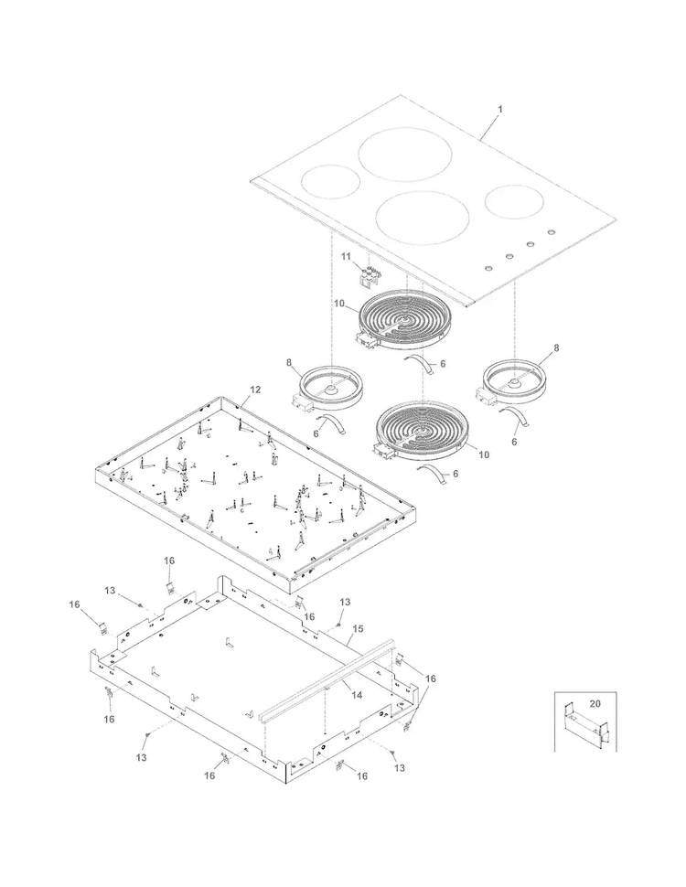 Main Top/surface Units Diagram and Parts List for FFEC3024PSA  Frigidaire Cooktop