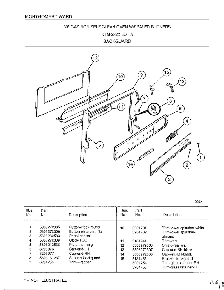 Backguard Diagram and Parts List for 2822A  Frigidaire Range