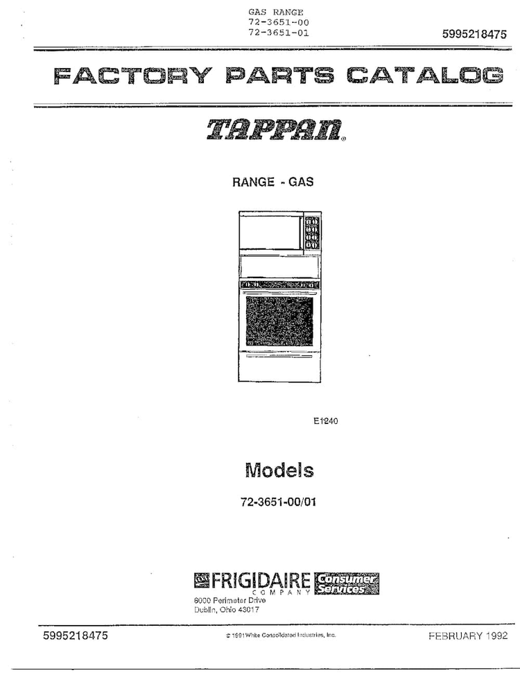 Gas Range Diagram and Parts List for 72-3651-00  Tappan Range