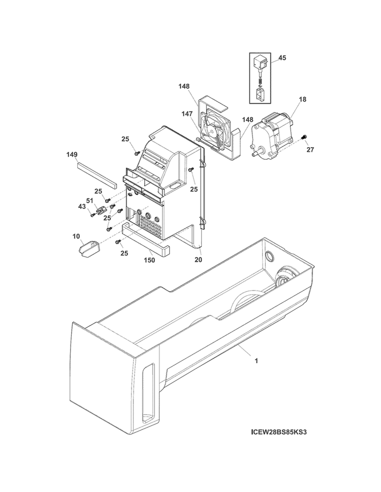 Ice Container Diagram and Parts List for FGHB2844LFE  Frigidaire Refrigerator