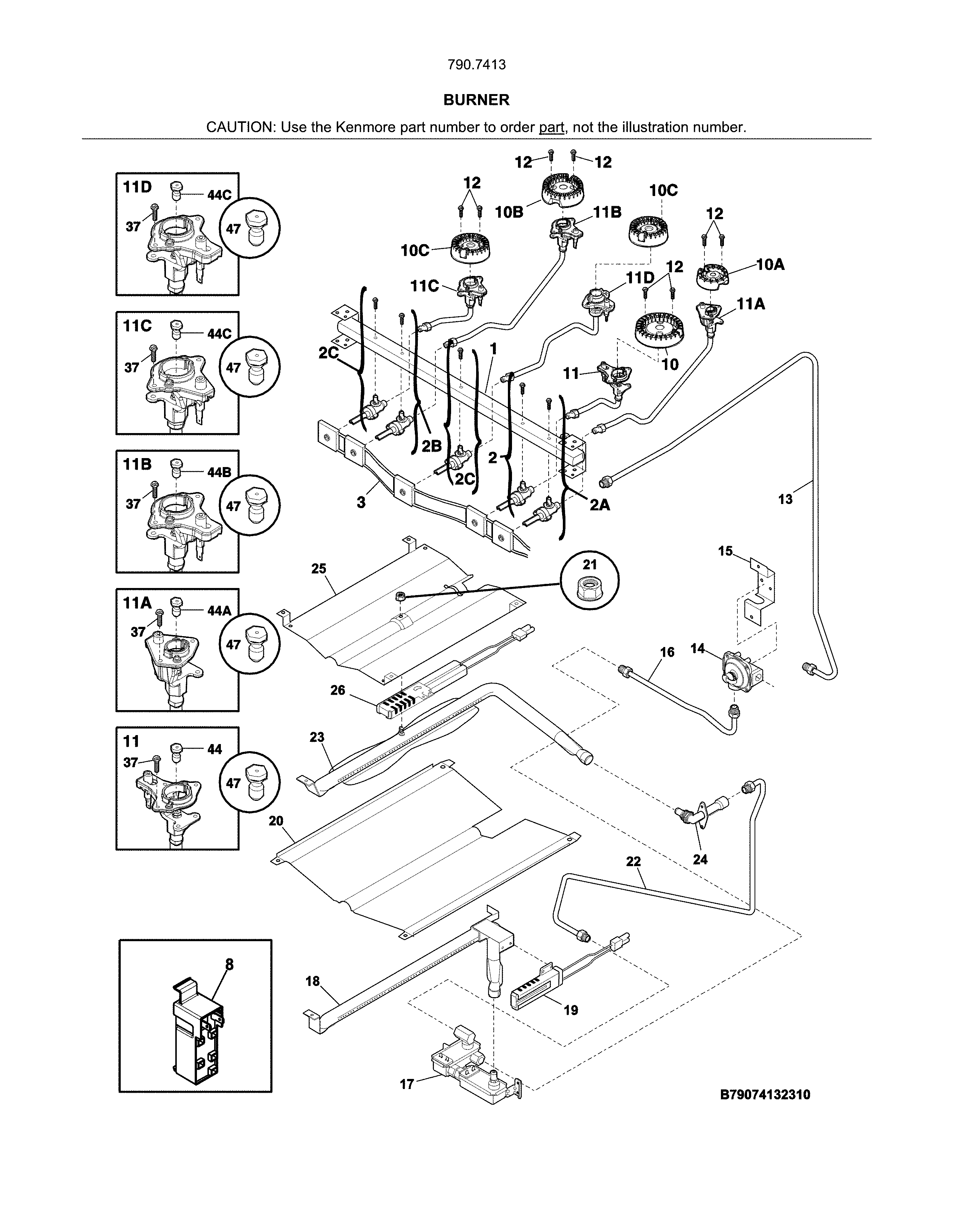 Burner Diagram and Parts List for 79074139312  Kenmore Range